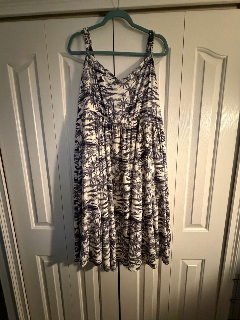 Spaghetti-Strap Midi Sundress in Navy and White Tropical Print